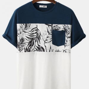 Mens Leaf Print Patchwork Short Sleeve T-Shirt With Pocket discountshub
