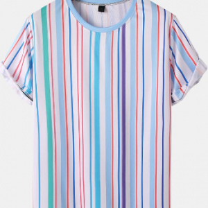 Mens Multi Color Stripe Breathable Short Sleeve Preppy T-Shirts discountshub
