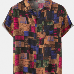 Mens Vintage Color Block Pattern Short Sleeve Shirt With Pocket discountshub