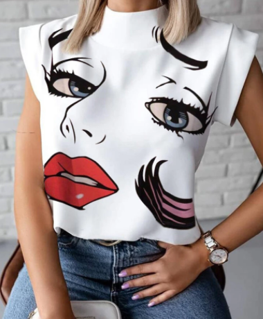 Casual Printed Stand Collar Short Sleeve Blouse discountshub