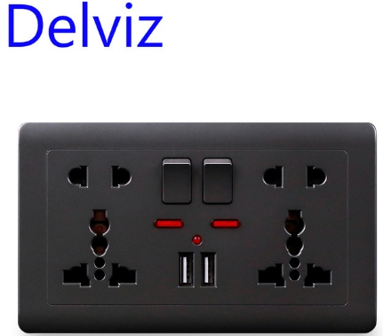 Delviz EU Standard Usb Socket, Gray Embedded Panel,2.1A Dual USB Port, AC 110-250V, UK Wall Power Socket Universal 5 Hole Outlet discountshub