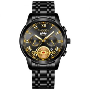 Fngeen Black Business Waterproof Double Calendar Quartz Men's Watch discountshub