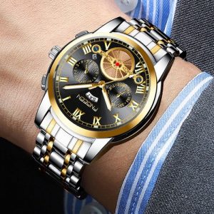 Fngeen Black Face Double Calendar Business Waterproof Quartz Watch discountshub