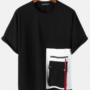 Mens 100% Cotton Contrasting Colors Patchwork Pocket Loose Short Sleeve T-Shirt discountshub