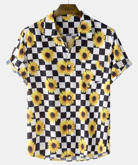 Mens All Over Daisy Checkered Print Chest Pocket Street Shirt discountshub