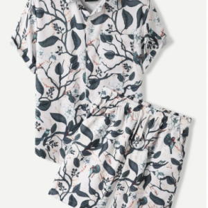 Mens All Over Plant Leaf Print Lapel Holiday Two Pieces Outfits With Pocket discountshub