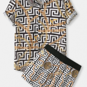 Mens Baroque Chain Geometry Pattern Hawaii Holiday Short Sleeve Two Piece Outfits discountshub