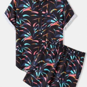 Mens Black Tropical Plant Lapel Collar Shirt and Drawstring Shorts discountshub