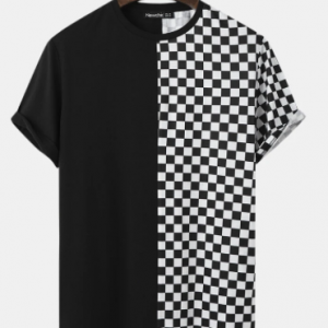 Mens Checkered Plaid Patchwork Crew Neck Preppy Short Sleeve T-Shirts discountshub