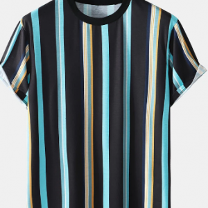 Mens Colored Stripe Print Crew Neck Preppy Short Sleeve T-Shirts discountshub