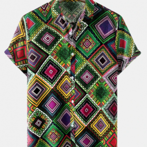 Mens Colorful Argyle Pattern Vintage Cotton Short Sleeve Shirts discountshub