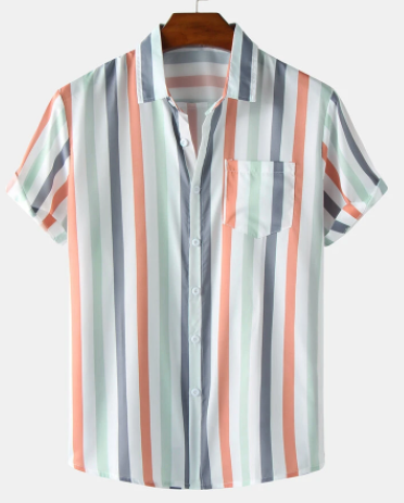 Mens Colorful Striped Button Up Short Sleeve Shirt With Pocket discountshub