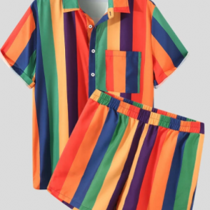 Mens Colorful Striped Short Sleeve Elastic Waist Beach Two Piece Outfits discountshub