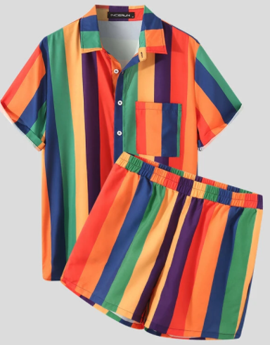 Mens Colorful Striped Short Sleeve Elastic Waist Beach Two Piece Outfits discountshub