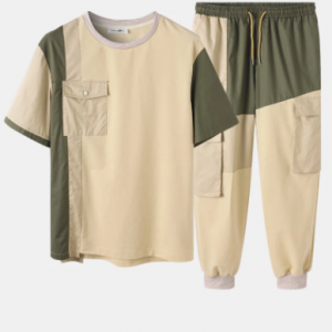 Mens Contrasting Colors Patchwork Cotton Cargo T-Shirt & Jogger Pants Co-ords discountshub