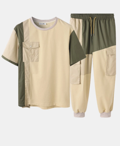 Mens Contrasting Colors Patchwork Cotton Cargo T-Shirt & Jogger Pants Co-ords discountshub