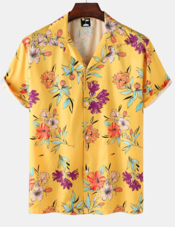 Mens Flower Print Button Up Revere Collar Short Sleeve Shirt discountshub