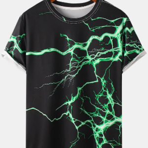 Mens Green Flash Print Crew Neck Street Short Sleeve T-Shirts discountshub