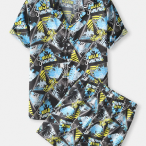 Mens Hello Summer Print Revere Collar Holiday Short Two Pieces Outfits discountshub