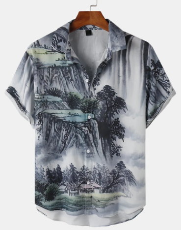 Mens Ink Mountain Printing Short Sleeve Chinoiserie High-Low Hem Shirt discountshub