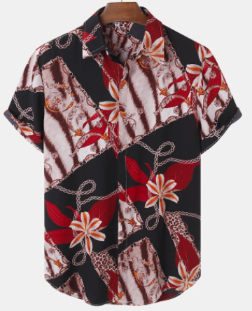 Mens Leopard Floral Chian Print Lapel Short Sleeve Shirt discountshub
