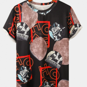 Mens Letter & Cartoon Astronaut Pattern Short Sleeve T-Shirt discountshub