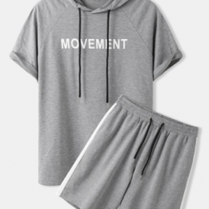 Mens Letter Print Side Stripe Casual Drawstring Hooded Two Pieces Outfits discountshub