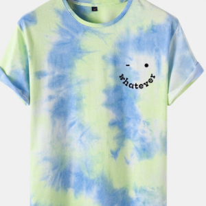 Mens Letter Smile Tie Dye Print Cotton Short Sleeve T-Shirts discountshub