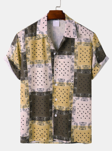 Mens Paisley Print Color Block Short Sleeve Revere Collar Shirt discountshub