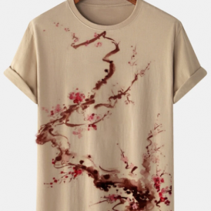 Mens Plum Blossom Ink Painting Print 100% Cotton Short Sleeve T-Shirts discountshub