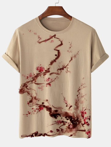 Mens Plum Blossom Ink Painting Print 100% Cotton Short Sleeve T-Shirts discountshub