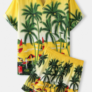 Mens Seaside Landscape Print Revere Collar Yellow Holiday Co-ords discountshub