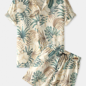 Mens Tropical Floral Leaf Print Short Sleeve Shirt & Drawstring Shorts Co-ords discountshub