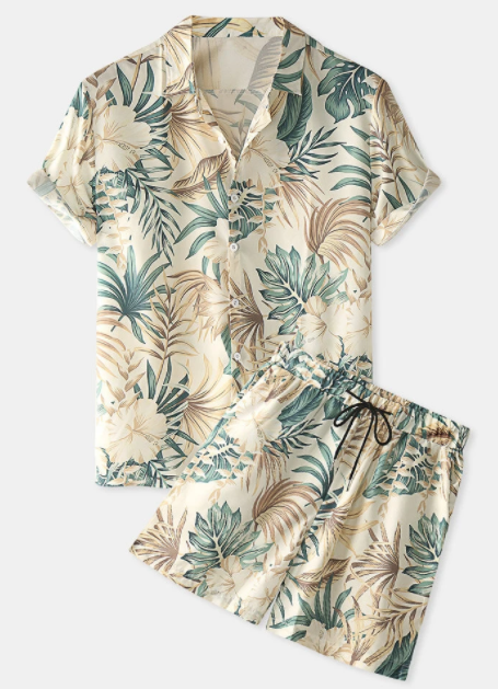 Mens Tropical Floral Leaf Print Short Sleeve Shirt & Drawstring Shorts Co-ords discountshub