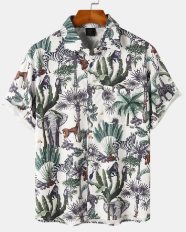 Mens Tropical Plant & Animal Print Short Sleeve Holiday Shirt discountshub