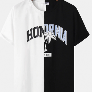 Mens Two Tone Letter Print Patchwork Street Short Sleeve T-Shirts discountshub