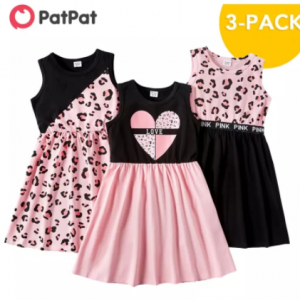PatPat New Arrival 2021 Summer 3-piece Kids Leopard Love Dresses Set Kids Girls Sleeveless Dress Children's Clothing discountshub