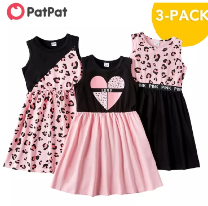 PatPat New Arrival 2021 Summer 3-piece Kids Leopard Love Dresses Set Kids Girls Sleeveless Dress Children's Clothing discountshub