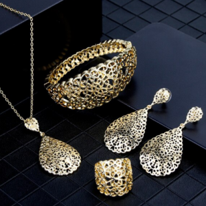 Sunspicems 2020 Gold Color Metal Arab Jewelry Set Hollow Bangle Earring Necklace Ring Wedding Bijoux Algeria Dubai Bridal Gifts discountshub