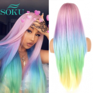 Synthetic Lace Wig Ombre Pink Blue Wigs Colorful SOKU Long Free Part Wigs For Black Women Straight/Wavy Rainbow Cosplay Lace Wig discountshub