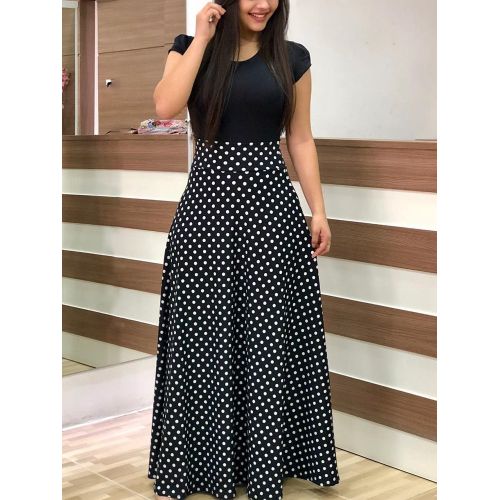 Women's Polka Dot Print Short Sleeve Dress - Black discountshub