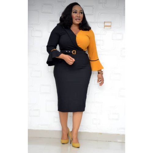 Classy Formal Belted Dress -Black And Yellow Discountshub