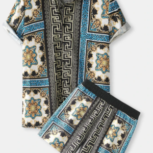Mens Baroque Luxury Print Lapel Shirt & Elastic Waist Shorts Co-ords discountshub