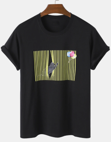 Mens Black Cat Line Print Cute 100% Cotton Short Sleeve T-Shirts discountshub