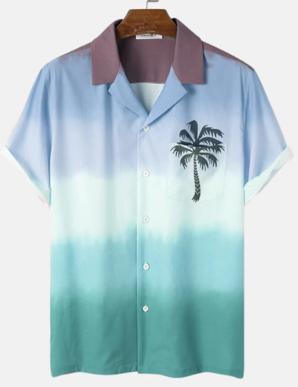 Mens Coconut Tree Print Pocket Ombre Holiday Short Sleeve Shirt discountshub