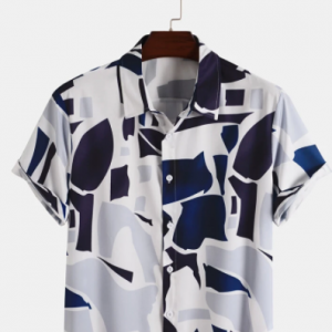 Mens Color Block Short Sleeve Lapel Preppy Curved Hem Shirt discountshub