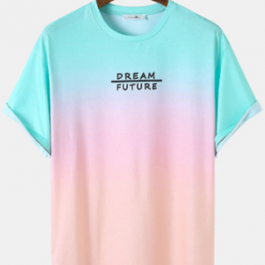 Mens Colorful Ombre Letter Print Curved Hem Loose Short Sleeve T-Shirts discountshub