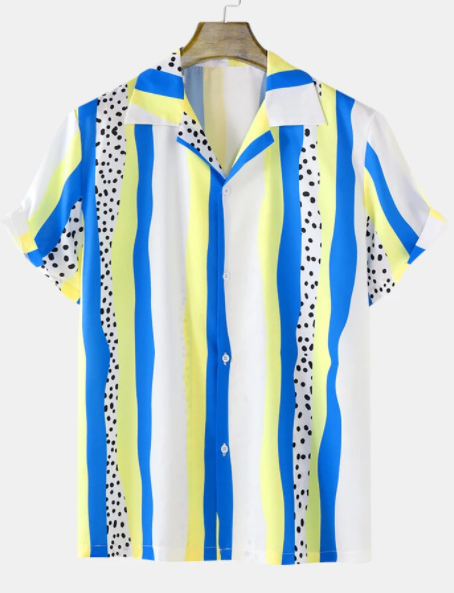 Mens Dot Neon Stripe Revere Collar Holiday Short Sleeve Shirts discountshub