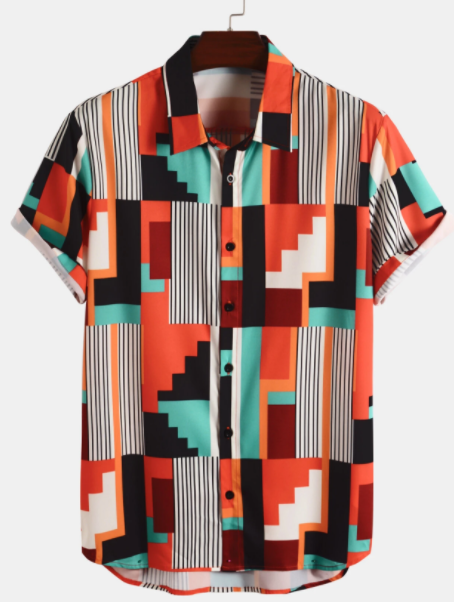 Mens Geometry Striped Print Lapel Holiday Short Sleeve Shirt discountshub