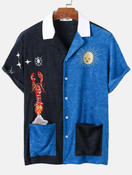 Mens Lobster & Celestial Embroidery Patchwork Towelling Short Sleeve Shirts discountshub